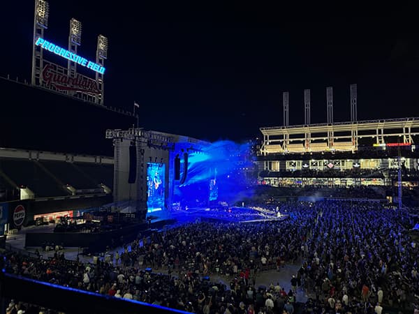 A concert being played on the field at Progressive Field in Cleveland, OH